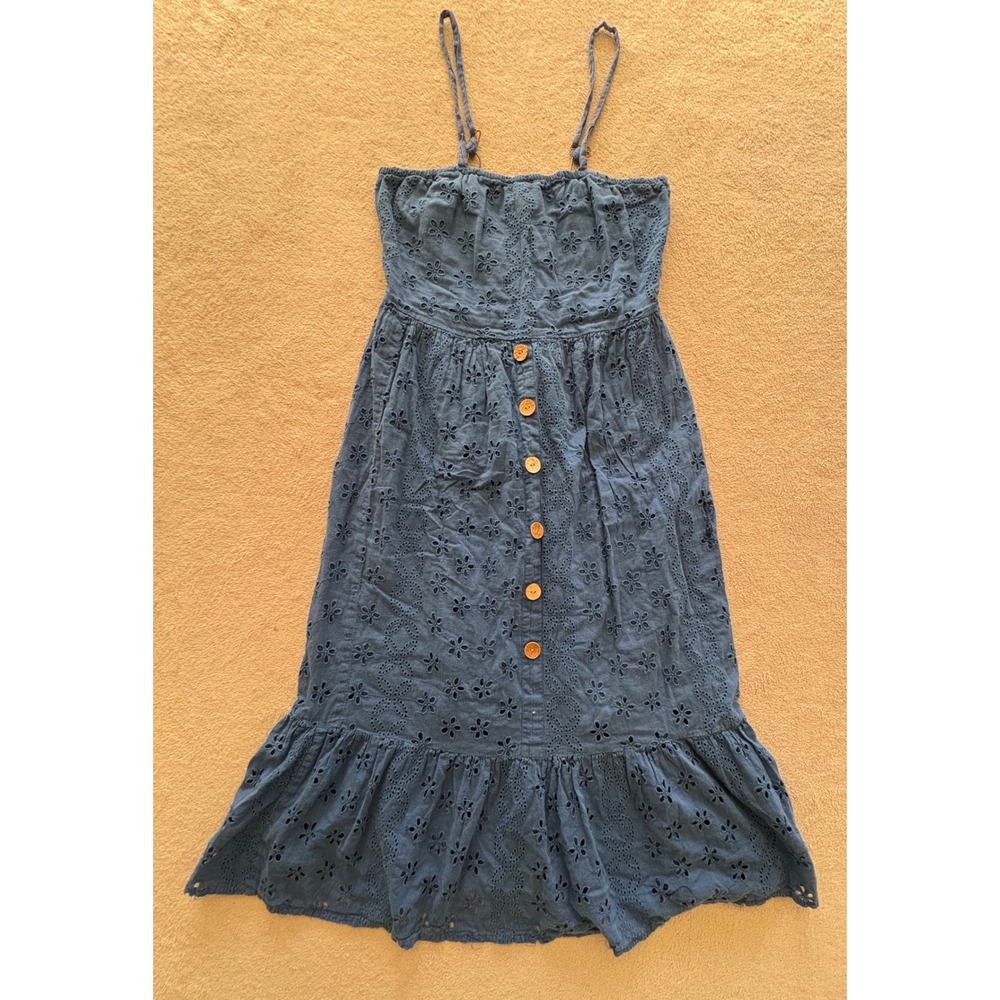 Dress Nado Blue Eyelet Button Front Midi Dress Women Size L Cotton